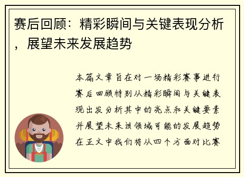 赛后回顾：精彩瞬间与关键表现分析，展望未来发展趋势